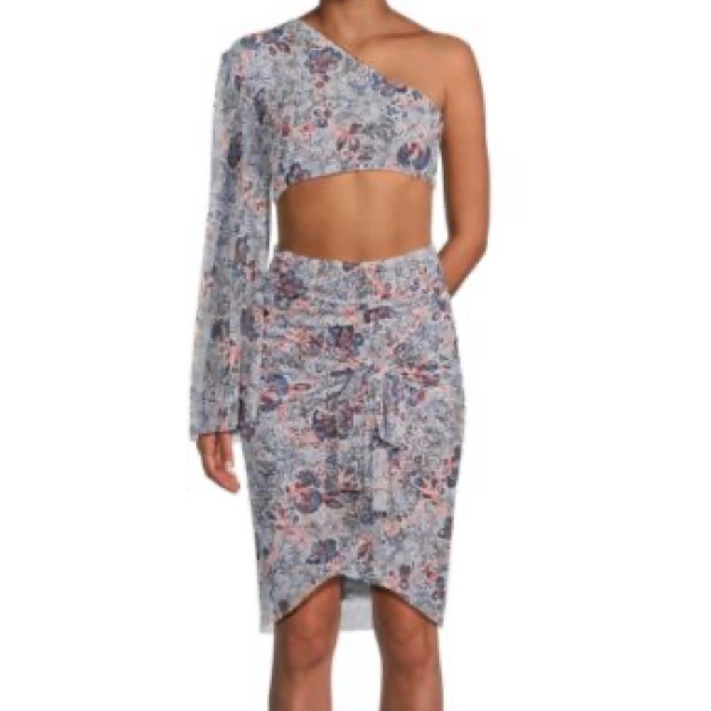 Misa Los Angeles Gray and Blue Asymmetrical Ruched One Shoulder Dress